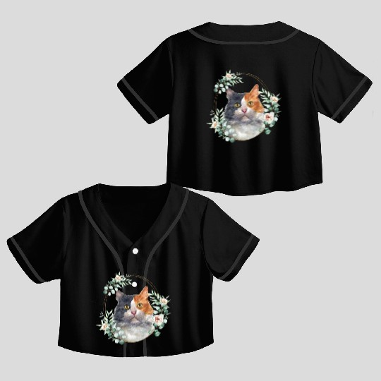Calico Cat in a Floral Gold Wreath Frame Crop Top Baseball Jerseys
