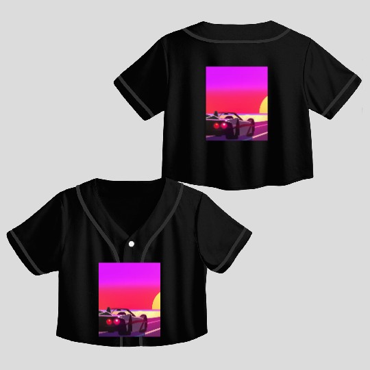 Synthwave Outrun Sports Car Beach Sunset Crop Top Baseball Jerseys
