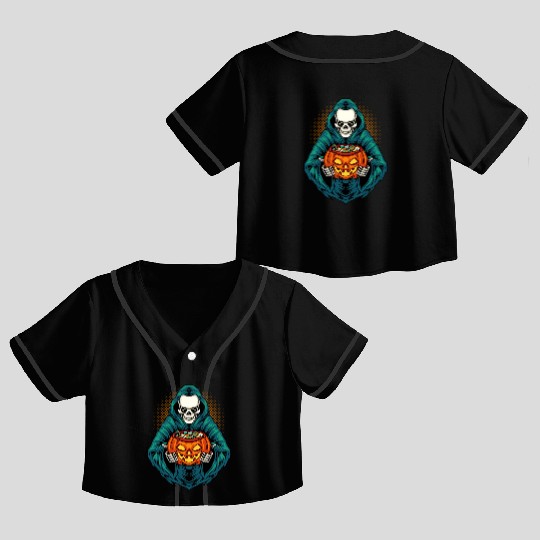 Grim Reaper With Scary Pumpkin - Halloween Crop Top Baseball Jerseys