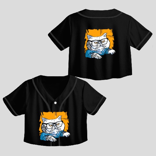 Stylish Nerd Persian Cat Beanie Glasses Tattoo Crop Top Baseball Jerseys