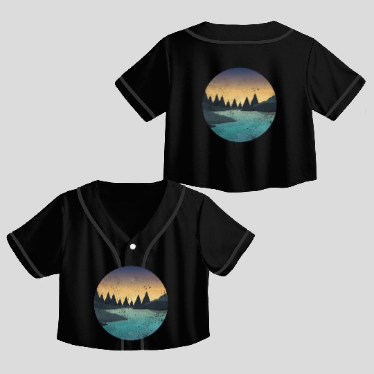 Retro River With Forest And Birds In The Sunset Crop Top Baseball Jerseys