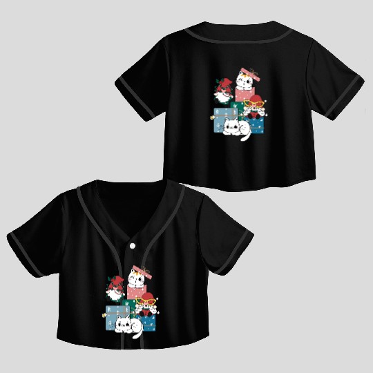 cute gnome and kitty cats on present gift box Crop Top Baseball Jerseys