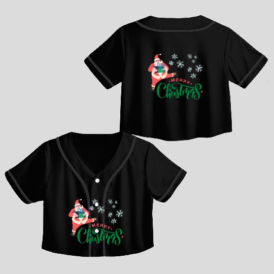 Merry Christmas in Green Font and Pink Santa Crop Top Baseball Jerseys