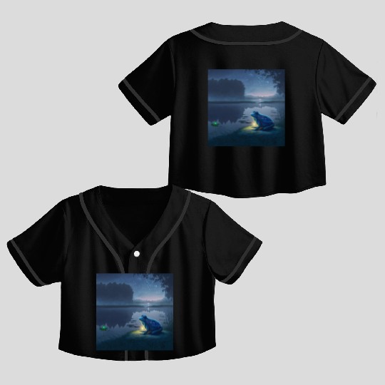 Blue Frog and Firefly on a pond at Night Crop Top Baseball Jerseys