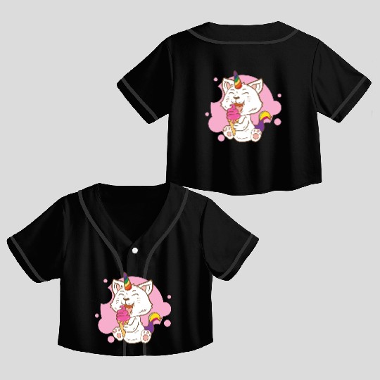 Cat Eating Ice Cream Rainbow Cat Lady Gift Idea Crop Top Baseball Jerseys