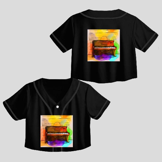 A beautiful piano in front of a colorful wall Crop Top Baseball Jerseys