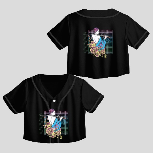 Vaporwave Samurai Fighter Anime Girl Crop Top Baseball Jerseys