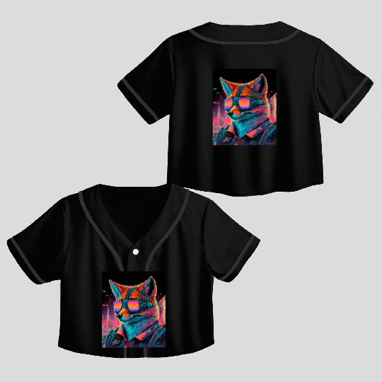 Retro Futuristic Synthwave Fox Crop Top Baseball Jerseys