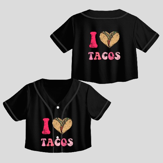 Vintage I Love Taco Valentine, Groovy I Heart Taco Crop Top Baseball Jerseys