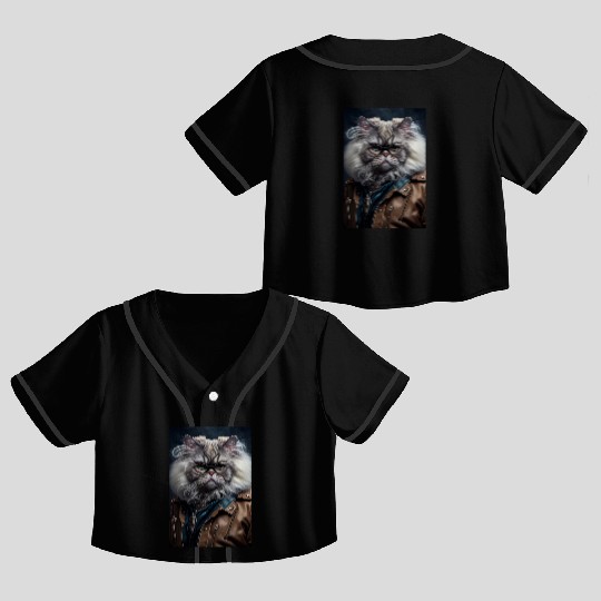 Persian Cat Breed Portrait wears a leather jacket Crop Top Baseball Jerseys