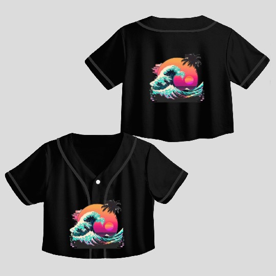 Vaperwave Aesthetic Glitch Great Wave Retrowave Sy Crop Top Baseball Jerseys