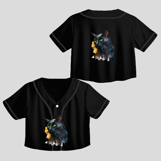 Black Cat Watercolor Portrait Crop Top Baseball Jerseys