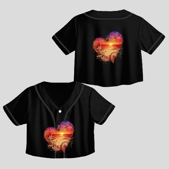 Retro Beach Heart Sunset Watercolor1 Crop Top Baseball Jerseys