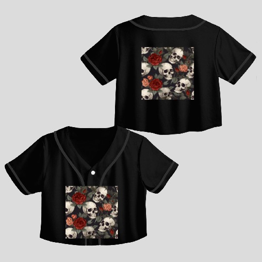 Skulls & Red Roses Pattern Dark Elegant Gothic Crop Top Baseball Jerseys