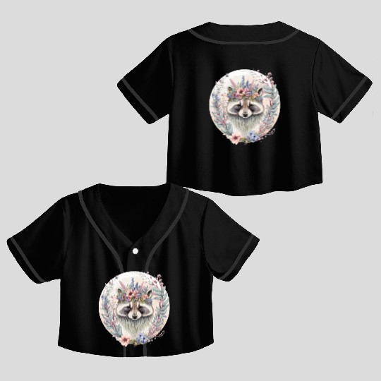 Cute Watercolor Racoon Flower Crown Floral Animal Crop Top Baseball Jerseys