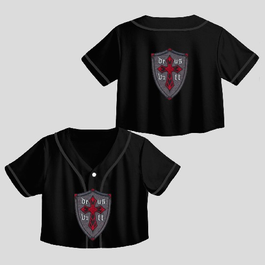 Deus Vult Cross on Shield Crop Top Baseball Jerseys