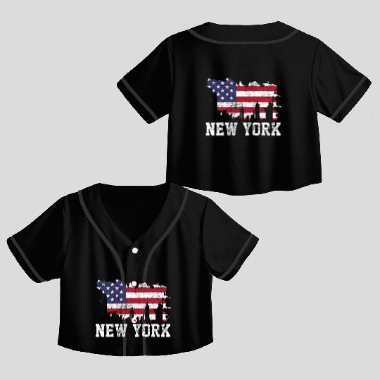 New York City Nyc Skyline Usa Flag America Crop Top Baseball Jerseys