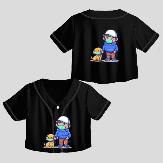 people with dog wear mask illustration corona Crop Top Baseball Jerseys