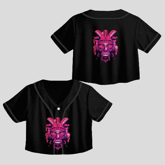 Ancient Aztec Mask in magenta Crop Top Baseball Jerseys