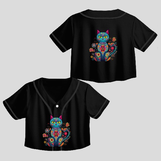 Folk Art Cat Floral Crop Top Baseball Jerseys