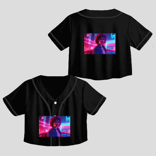 Synthwave Girl - Anime Portrait in Neon Colors Crop Top Baseball Jerseys