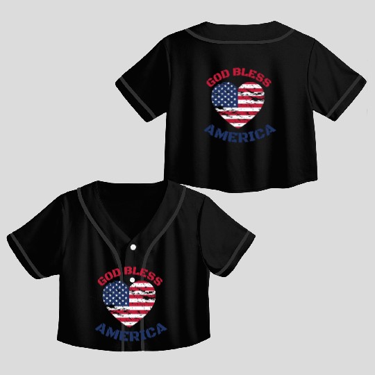 God Bless America, Heart Flag Shape. Crop Top Baseball Jerseys