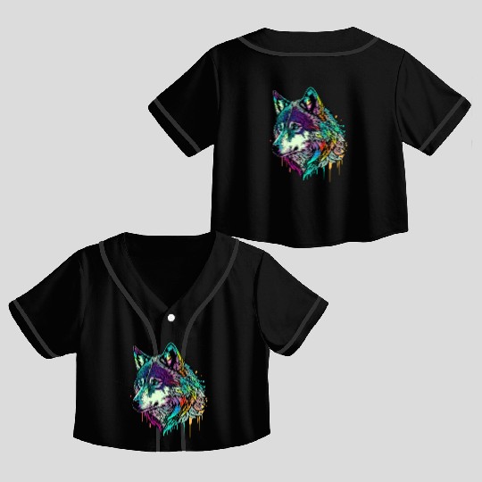 Vibrant Psychedelic Wolf Illustration Crop Top Baseball Jerseys