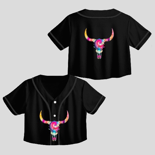 Cow Crop Top Baseball Jerseys, Cow Skull Tie Dye Watercolor Crop Top Baseball Jerseys, Cow
