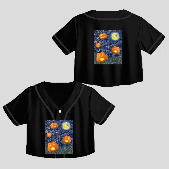Starry Night with Pumpkins Funny Halloween Art Crop Top Baseball Jerseys