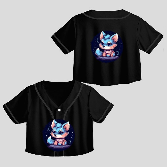 Digital Art Fox Sitting on Rock Crescent Moon Crop Top Baseball Jerseys