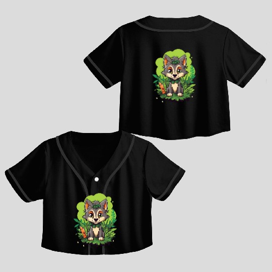 Digital Art Wolf Puppy Wearing Blue Wig Sitting Crop Top Baseball Jerseys