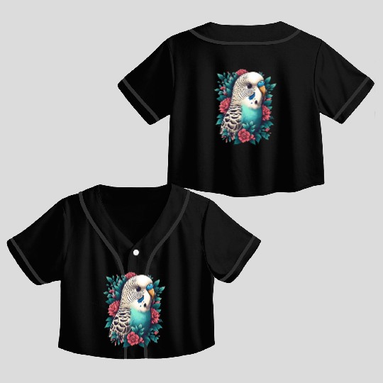 Blue budgie with flowers Crop Top Baseball Jerseys