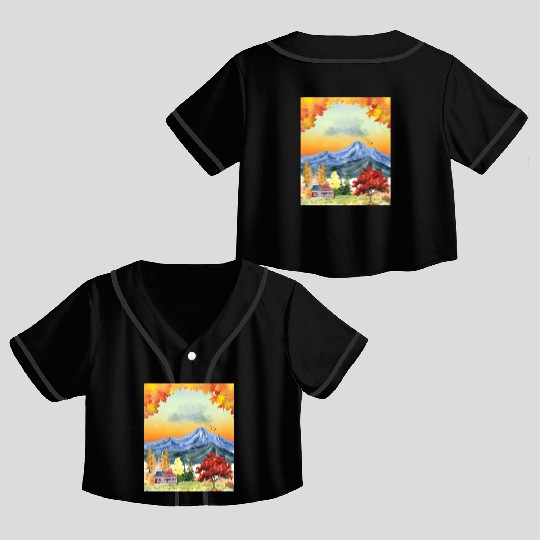 Autumn Village Tranquility, Watercolor Dreamscape Crop Top Baseball Jerseys