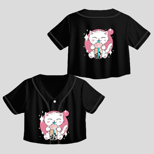 Kawaii Bubble Tea Cat Boba Milk Crop Top Baseball Jerseys