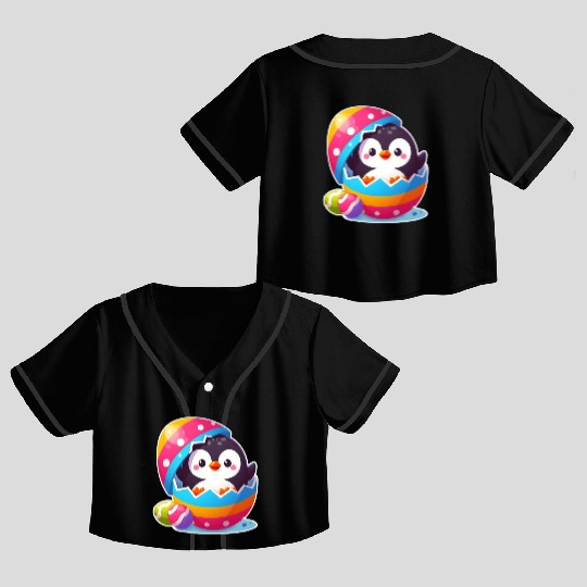 Penguin hatches from colorful Easter egg Crop Top Baseball Jerseys