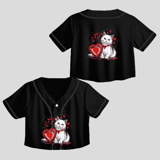 Valentines Day White Cat With Red Heart Box Crop Top Baseball Jerseys