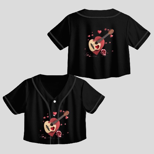 Melodic Affection: Heart Strumming Guitar Apparel Crop Top Baseball Jerseys