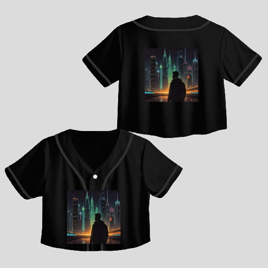 Neon Horizon: A Futuristic Cityscape Crop Top Baseball Jerseys