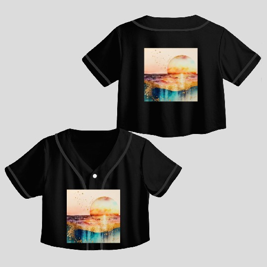 Sunset Beach Watercolor Painting Crop Top Baseball Jerseys