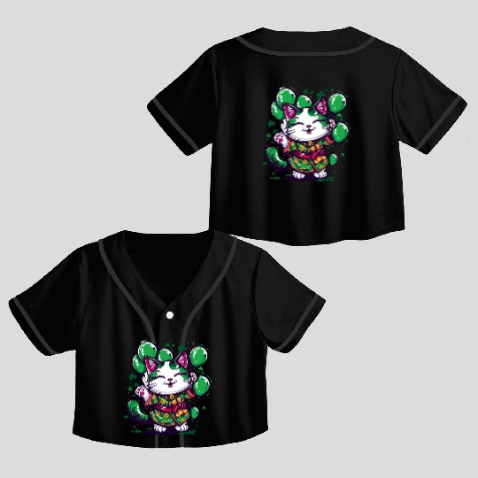 Kawaii St Patricks Day Cat With Balloons Crop Top Baseball Jerseys