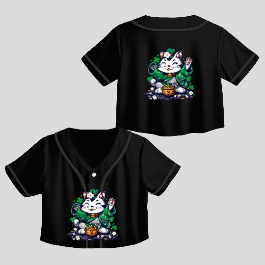 Kawaii St Patricks Day Cat With a Pot Of Gold Crop Top Baseball Jerseys