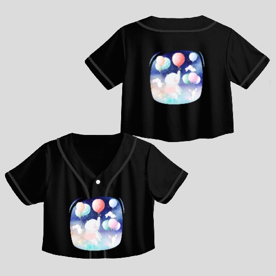 Elephant And Rabbit Flying To Space Using Balloon Crop Top Baseball Jerseys