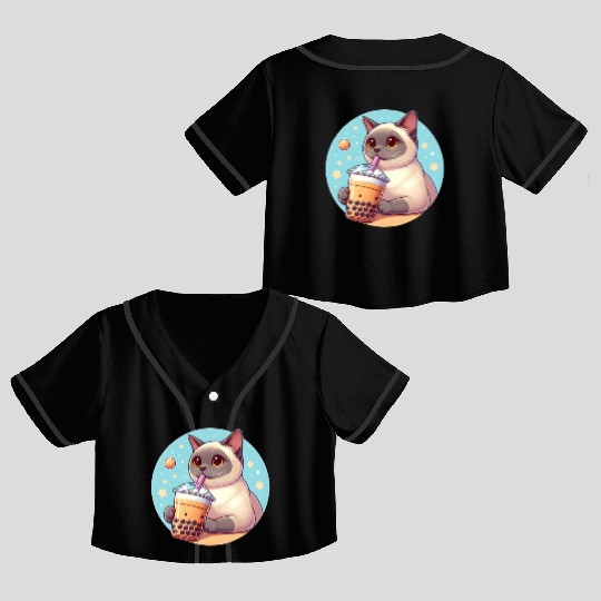 Siamese cat having bubble tea Crop Top Baseball Jerseys