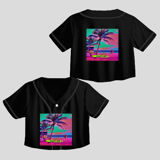 Neon Beach Life Scene 90's Vibes - Surfboard, Sand Crop Top Baseball Jerseys