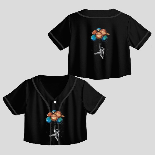 Astronaut Floating with Planets Balloons in Space Crop Top Baseball Jerseys