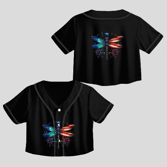 American Flag Dragonfly Patriotic 4th of July Crop Top Baseball Jerseys