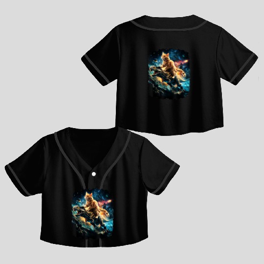 Cat Riding Dinosaur Rex Crop Top Baseball Jerseys