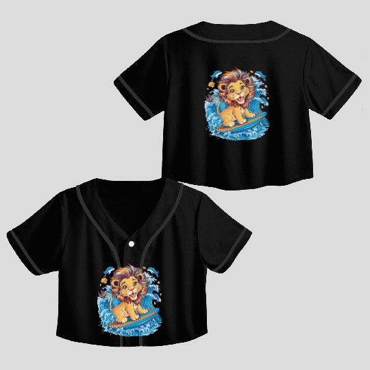Cute Surfing Lion Riding the Waves Crop Top Baseball Jerseys