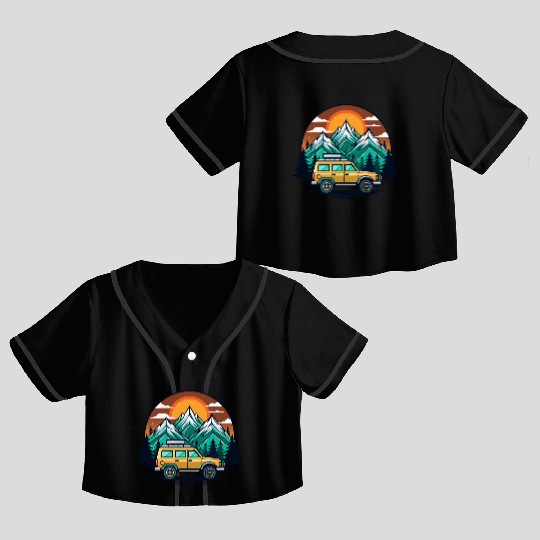Camper Van parked Lake with Mountains Crop Top Baseball Jerseys