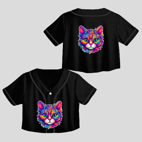 Psychedelic Cat - Groovy Neon Feline Crop Top Baseball Jerseys